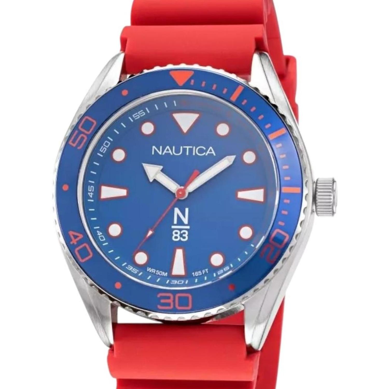 Nautica Orologio Casual Uomo NAPFWS220 - Cassa 44mm Argento, Quadrante Blu, Cinturino Rosso In Silicone, Impermeabile 50m